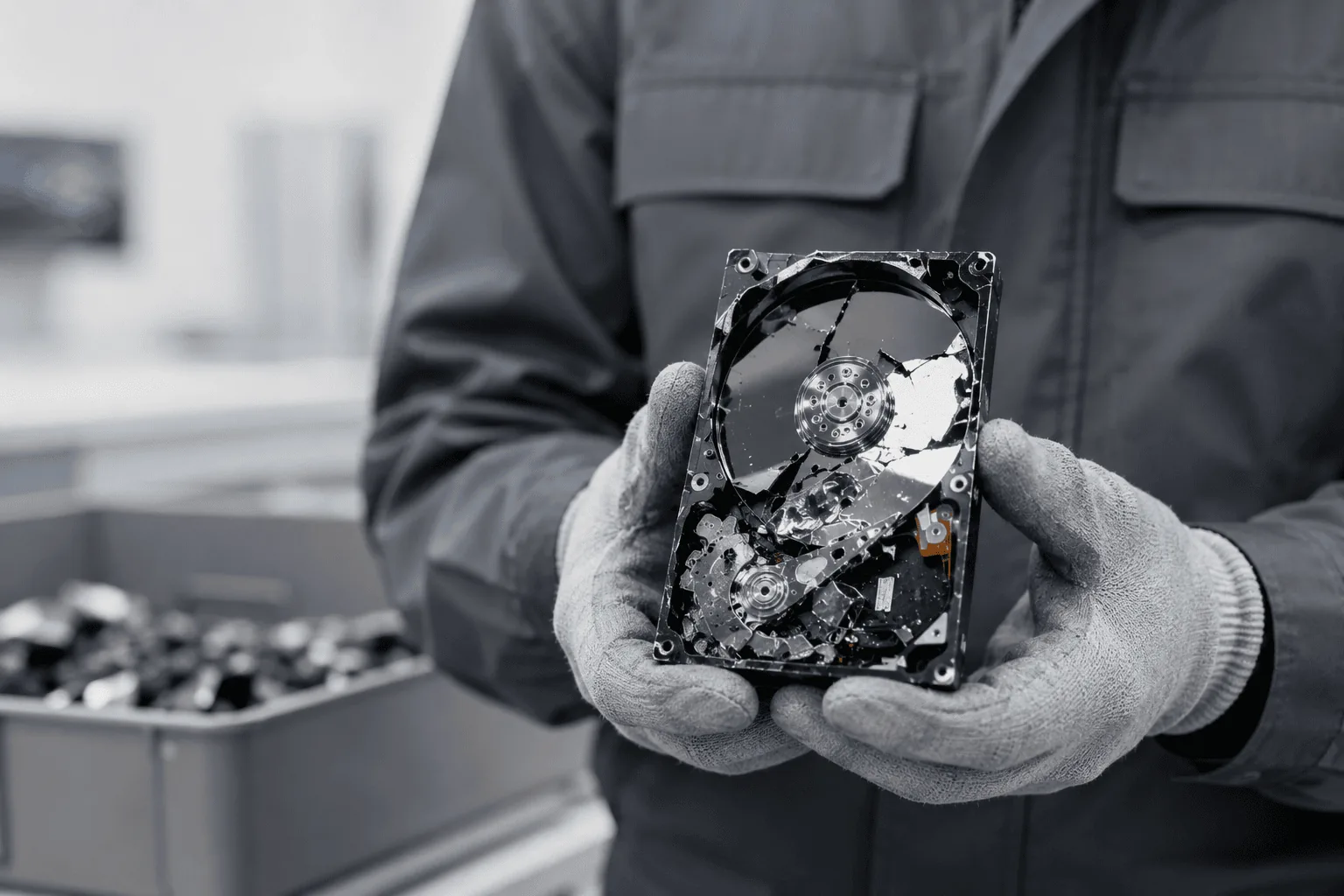 Technik trzymający zniszczony dysk HDD – dowód trwałego usunięcia danych